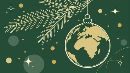Christmas holiday globe ornament with world map design, gold and green color palette, elegant festive vector element. © Rahim