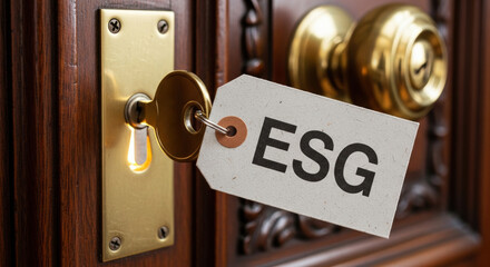 Brass key with an esg tag unlocking door symbolizing corporate reporting. Good governance unlocks sustainable business potential and secure investment future