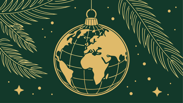 Christmas world map globe ornament ball in gold and green colors, festive holiday decoration, elegant premium vector illustration.