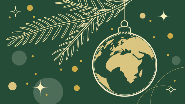 Christmas holiday globe ornament with world map design, gold and green color palette, elegant festive vector element.