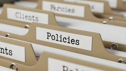 Close-up of labeled beige file folders with 'Policies' prominently displayed on top, against a clean white background with shallow depth of field.