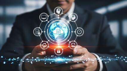 Close-up of a businessman holding a smartphone with a glowing blue globe and icons floating above it, conveying a sense of global connectivity and technology in a modern office setting with