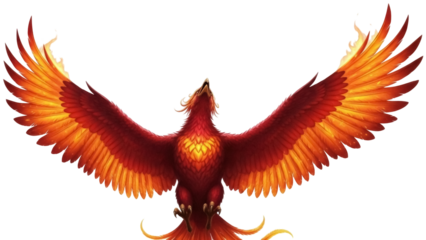 Isolated depiction of a firebird or phoenix with its wings outspread in a soaring flight posture
