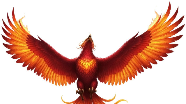 Isolated depiction of a firebird or phoenix with its wings outspread in a soaring flight posture