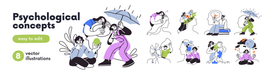 Fototapeta premium Psychology and mental health, abstract concepts set. Self therapy, love, care, help and support. Mind, head and brain, coping with emotions. Flat vector illustrations isolated on white background