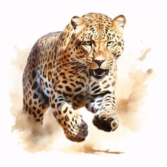 Fototapeta premium Leopard leaps forward in a dynamic watercolor painting