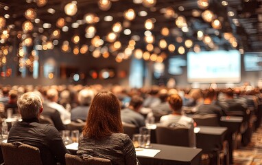 Corporate Seminar Blur: A blurred background of a corporate seminar or training session in a conference hall, with attendees. People in professional meeting of business leadership strategy in event