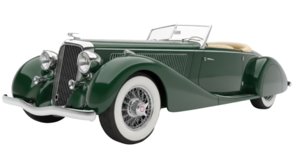 Isolated elegant antique roadster, classic open-top car from the 1930s, luxurious convertible