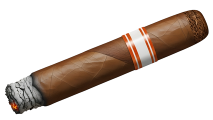 Brown cigar with orange and white band isolated on a transparent background