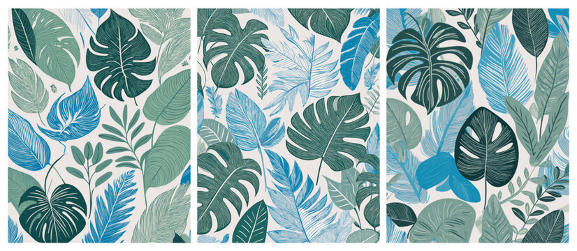 Triptyque Motif feuillages, 3 Illustrations Plantes tropicales, m&eacute;lange naturel jungle couleurs vert et bleu p&acirc;le, Vecteur