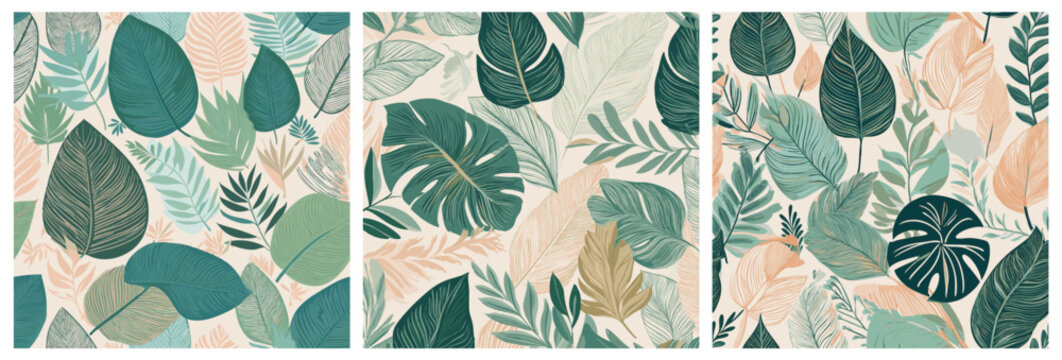 3 Motifs Triptyque feuillages, Illustrations Plantes tropicales, m&eacute;lange naturel jungle couleurs vert et orange p&acirc;le, Vecteur