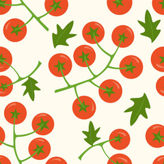 Tomatoes seamless pattern on beige cream background. Cherry tomatoes background. 