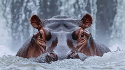 Hippo swims in lake near cascading waterfalls during sunny day in nature