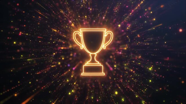 Brilliant glowing trophy icon amidst a dynamic burst of vibrant light particles, symbolizing achievement, victory, and celebration in a digital and abstract visual