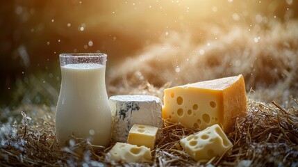 Cheese and milk displayed on hay during golden hour in a countryside setting