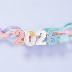 Cute New Year 2026 inscription with pastel ribbon on lilac background. Design of winter Holiday day, celebration, Christmas greeting card for the upcoming year.