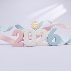 Cute New Year 2026 inscription with pastel ribbon on lilac background. Design of winter Holiday day, celebration, Christmas greeting card for the upcoming year.