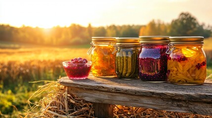 Jars of colorful preserves on a wooden table during golden hour in a rural landscape