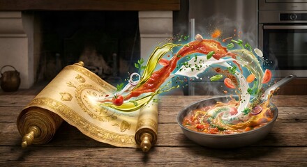 A golden scroll unfurling to reveal a vibrant, dynamic recipe flowing with liquid ingredients, blending tradition with culinary innovation