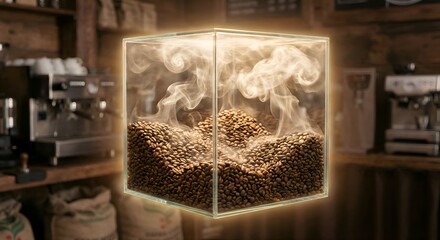 A floating, transparent cube filled with a miniature, shifting landscape made of coffee beans and steam, representing aroma.