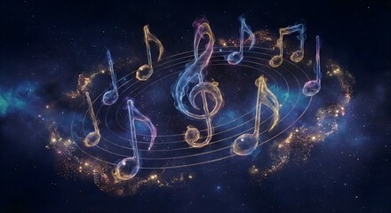 A silent, cosmic symphony where musical notes are swirling aroma molecules, representing appealing scents or flavors.