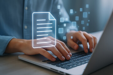 Holographic file icon hovering over keyboard representing business documentation cloud storage and online data processing system