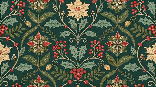 Elegant vintage Christmas pattern with holly, berries, and ornaments on dark green. Ideal for holiday greeting card sites, interior design blogs, and DIY gift wrap tutorials.