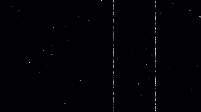 Original Super8 Film Leader Effect: Black Background, White Dust, Scratches, and Vertical Lines for Vintage Cinematic Grunge Overlay 4k video animation seamless loop
