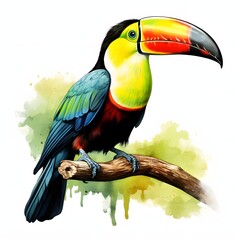 Fototapeta premium Colorful toucan illustration perched on a branch in the rainforest