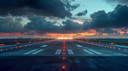 Sunset over airport runway with dramatic clouds and illuminated landing lights