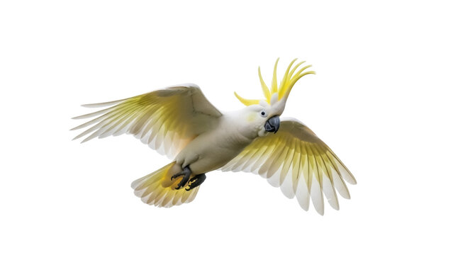 Isolated Sulphur-crested cockatoo flying, large white parrot with yellow crest in motion, vibrant bird