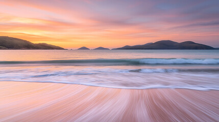 Pastel Sunset Over Calm Ocean Waves and Sandy Beach