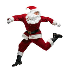 Santa Claus runs in a red suit with a white beard during the holiday season indoors