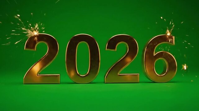 Golden three dimensional numbers displaying the year 2026 with celebratory sparks against a vibrant green background for new beginnings