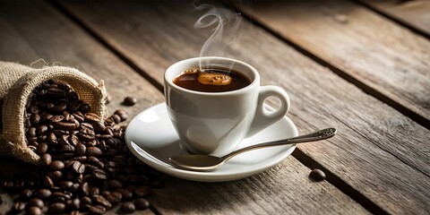 A steaming cup of coffee with roasted beans and a burlap sack