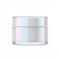 Transparent cosmetic jar with iridescent surface on white background  