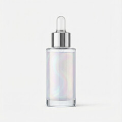 Glass dropper bottle with iridescent liquid on white background  