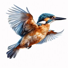 Fototapeta premium Common kingfisher soars through the air on a white background