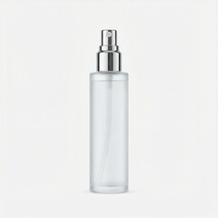 Clear glass spray bottle with silver nozzle on neutral background  