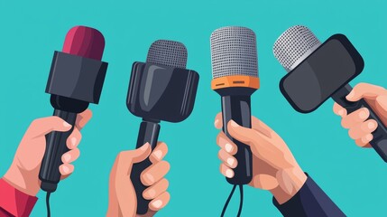 Different microphone styles held by hands, showcasing media tools for interviews or events