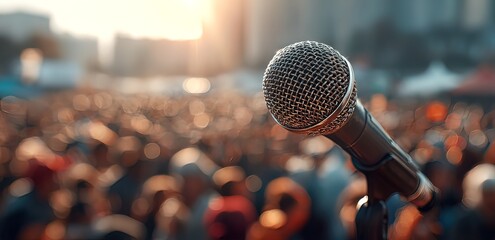 Microphone in front of crowd at event. High quality