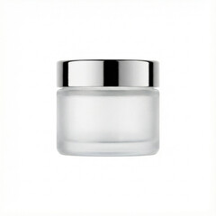 Glass cosmetic jar with silver lid on white background  
