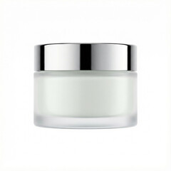 White cosmetic cream jar with silver lid on white background  