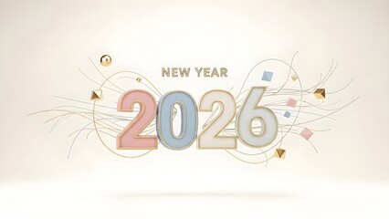 New year 2026 pastel 3d text with gold and silver geometric shapes and wavy lines on beige background. Festive banner template for holiday celebration and greeting card with copy space.