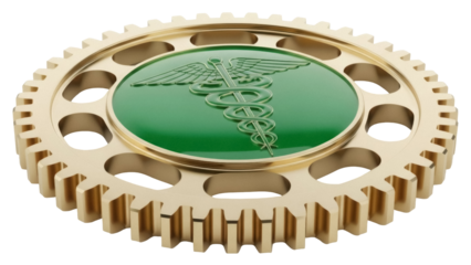 Isolated medical caduceus symbol on a cog, technology, mechanical, engineering, industrial design