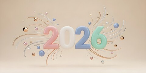 New year 2026 pastel 3d text with gold and silver geometric shapes and wavy lines on beige background. Festive banner template for holiday celebration and greeting card with copy space.