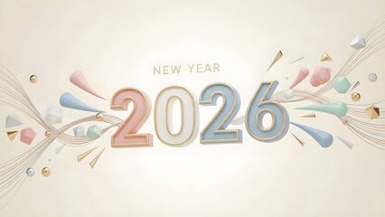 New year 2026 pastel 3d text with gold and silver geometric shapes and wavy lines on beige background. Festive banner template for holiday celebration and greeting card with copy space.