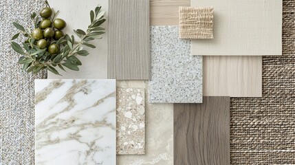 Collection of textured materials and surfaces for interior design inspiration featuring neutral tones and natural elements