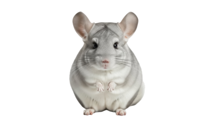Isolated Chinchilla pet rodent in studio, adorable big-eared animal, cute fur, small hands