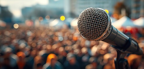 Microphone in front of crowd at event. High quality